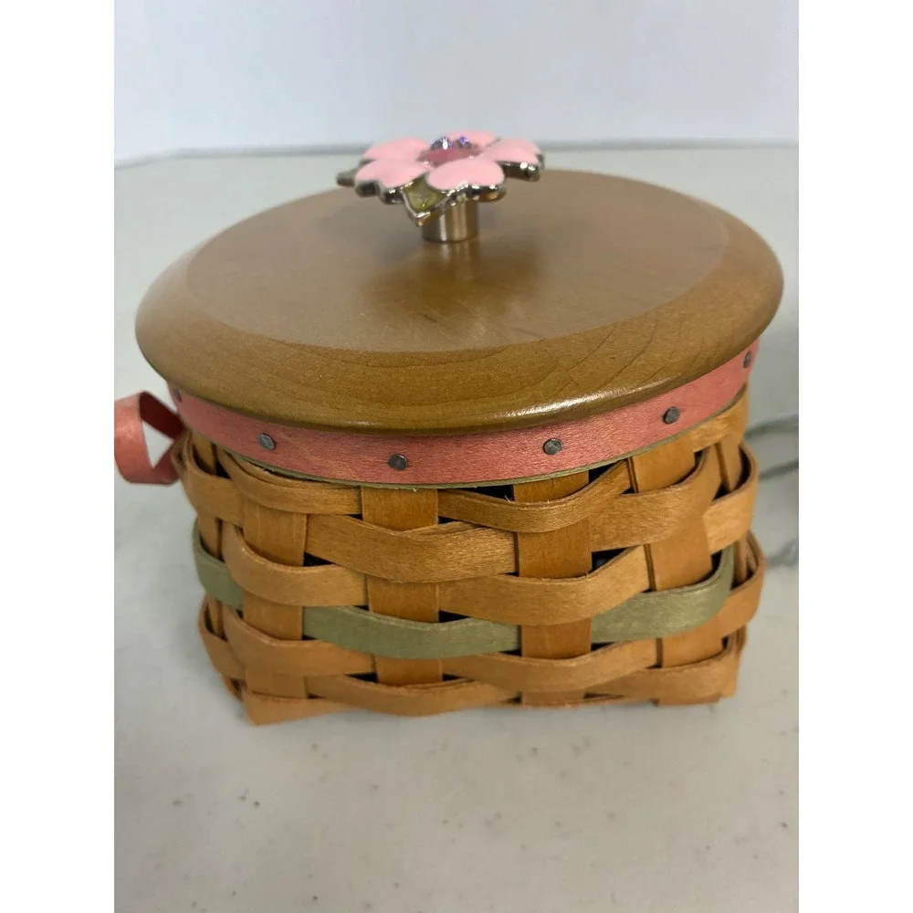 Longaberger Small Round Woven Basket Wood‎ Lid Pink Enamel Flower Knob & Liner